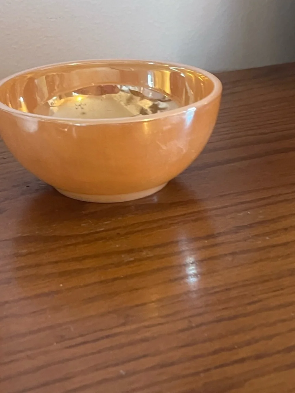 Fire king Small Peach Ceramic Bowl with Metallic Gold Interior